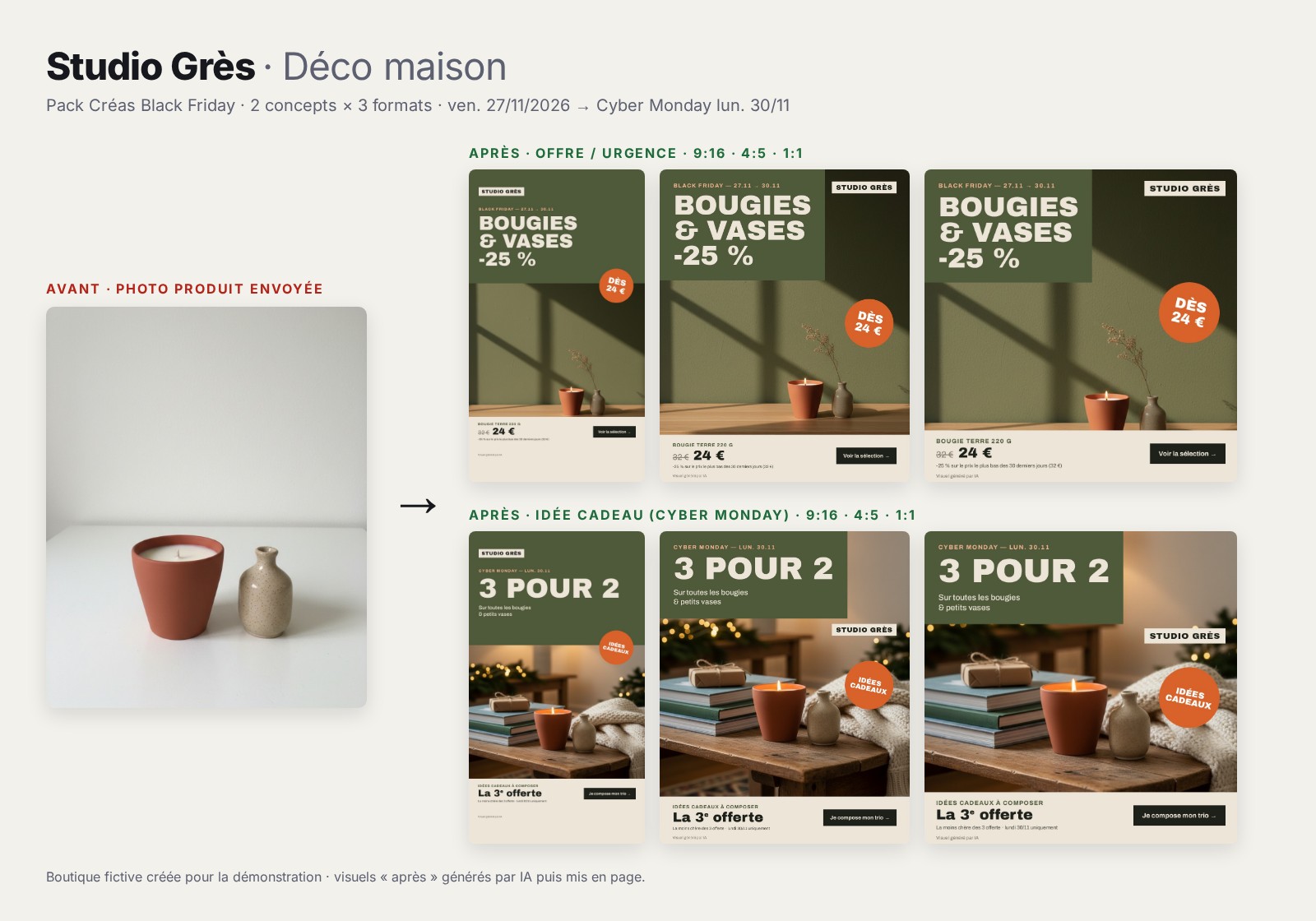 Photo produit d'un objet de décoration, puis les créas Black Friday en formats story, portrait et carré