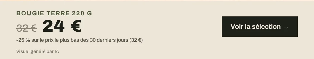Bas d'une pub Studio Grès : 32 € barré, 24 €, « -25 % sur le prix le plus bas des 30 derniers jours (32 €) », « Visuel généré par IA »