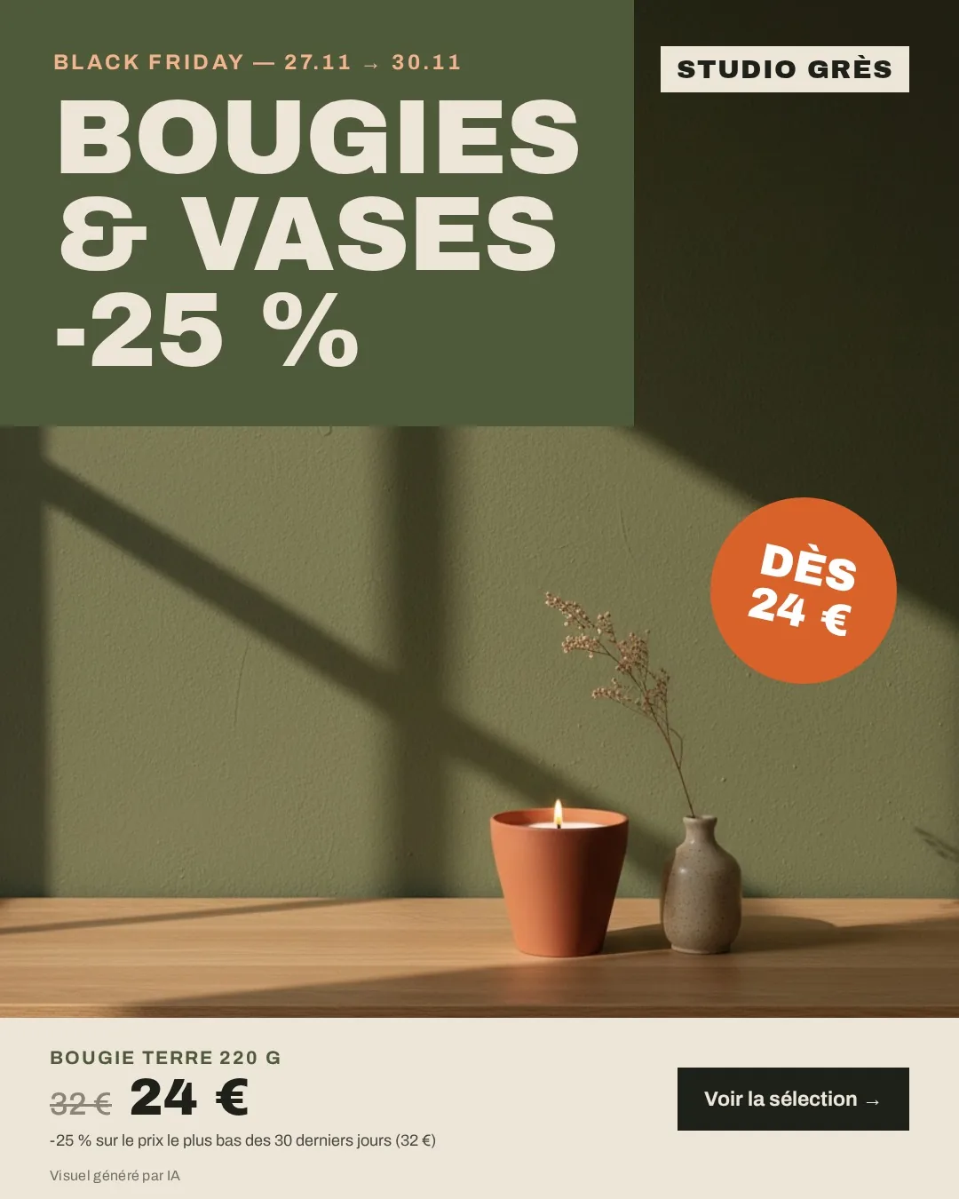Après : pub Studio Grès, bougies et vases -25 %, dès 24 €, prix de référence affiché