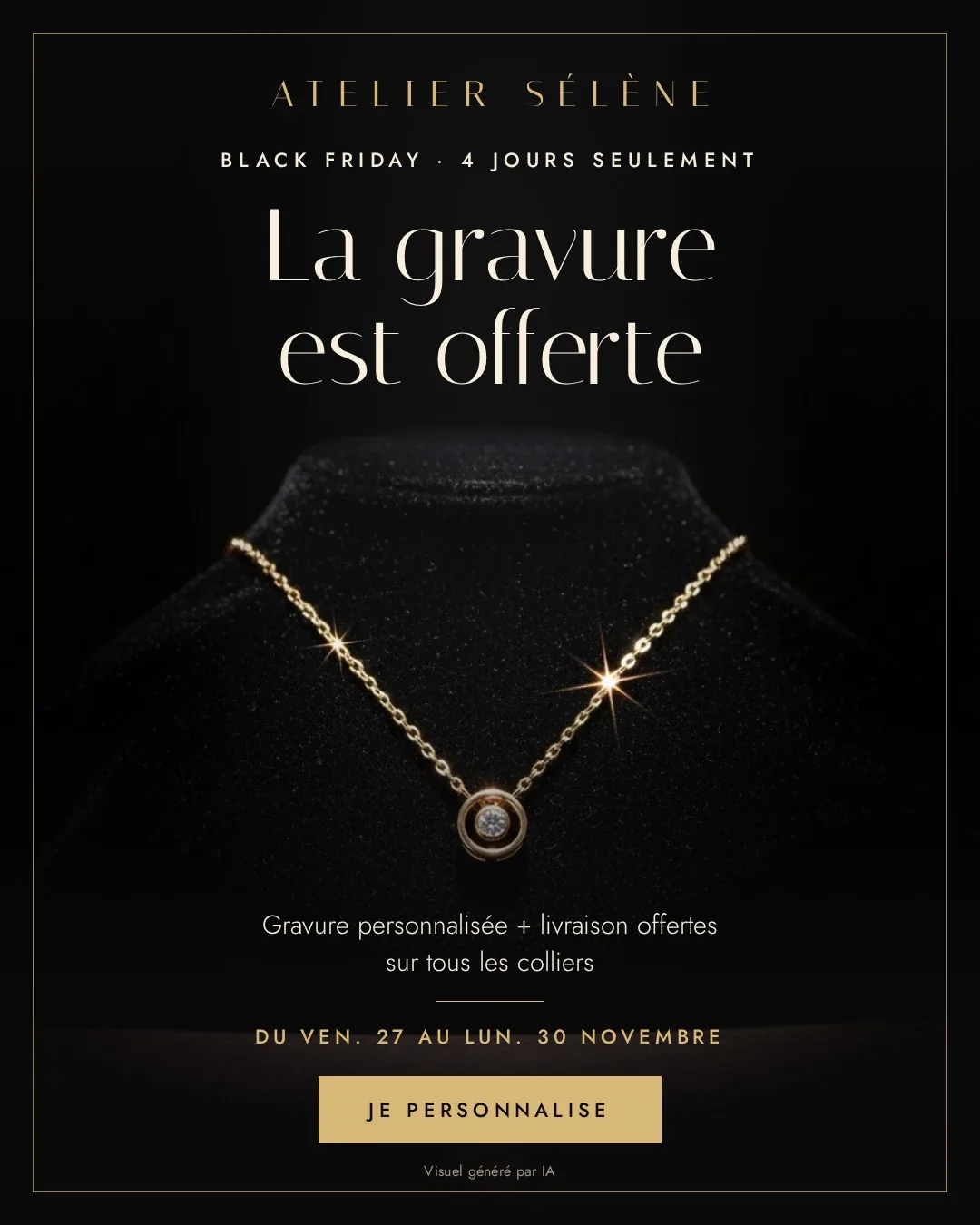 Après : pub Atelier Sélène, la gravure est offerte, collier sur fond noir